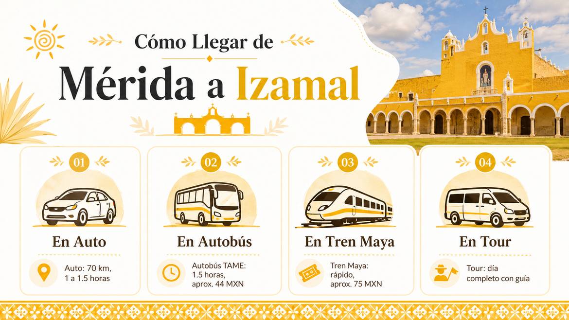 Infografía: cómo llegar de Mérida a Izamal en auto, autobús, Tren Maya o tour