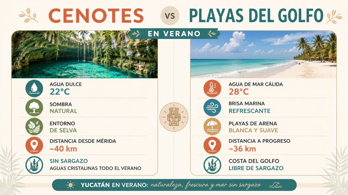 Infografía comparativa entre cenotes y playas cerca de Mérida en verano