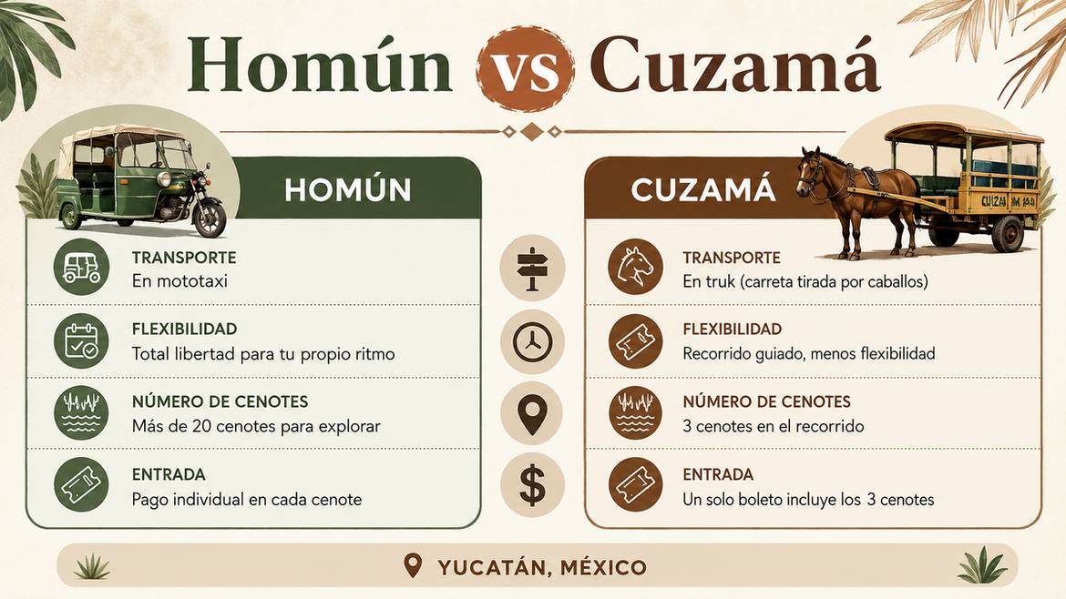 Infografía comparando Homún y Cuzamá: mototaxi flexible vs truk clásico