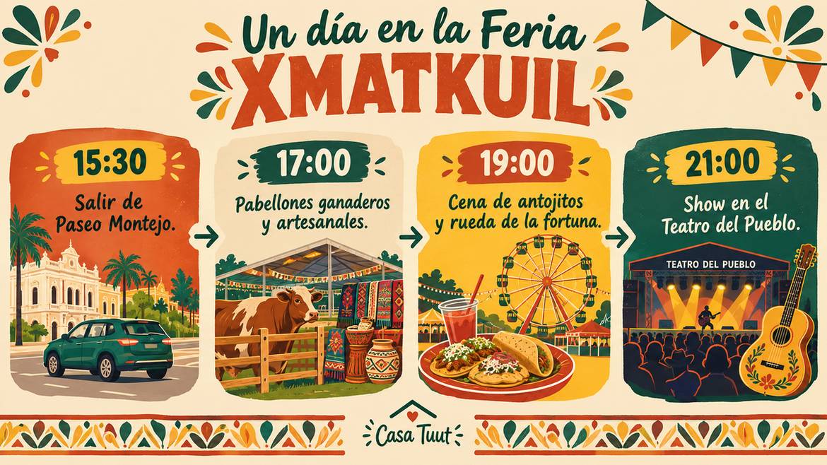 Infografía con la planeación de un día en la Feria Xmatkuil desde Casa Tuut
